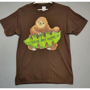 Sloth Graphic Tee T-shirt Mens Medium Brown Port & Company Ring Spur Cotton
